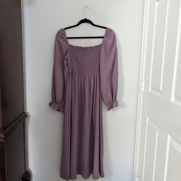 Boho Square Neck Smocked Long Puff Sleeve A Line Midi Dress - Picture 2 of 6